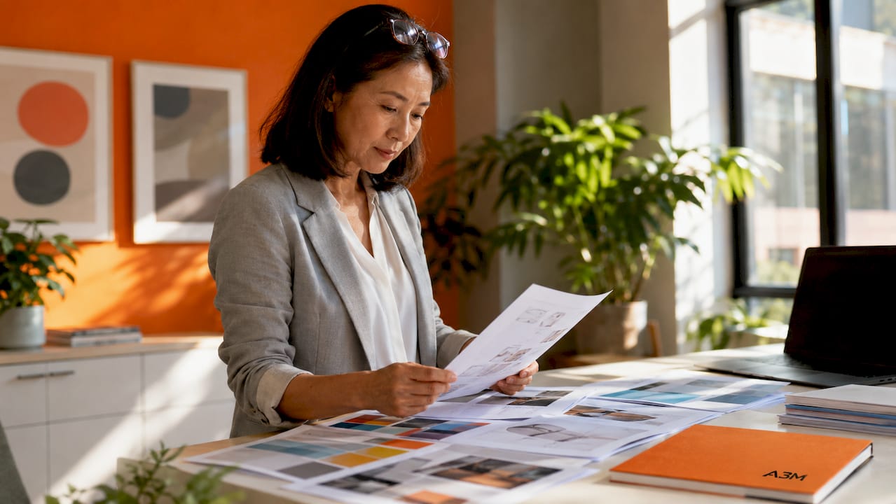 A senior Proteros analyst reviewing printed marketing materials at her desk