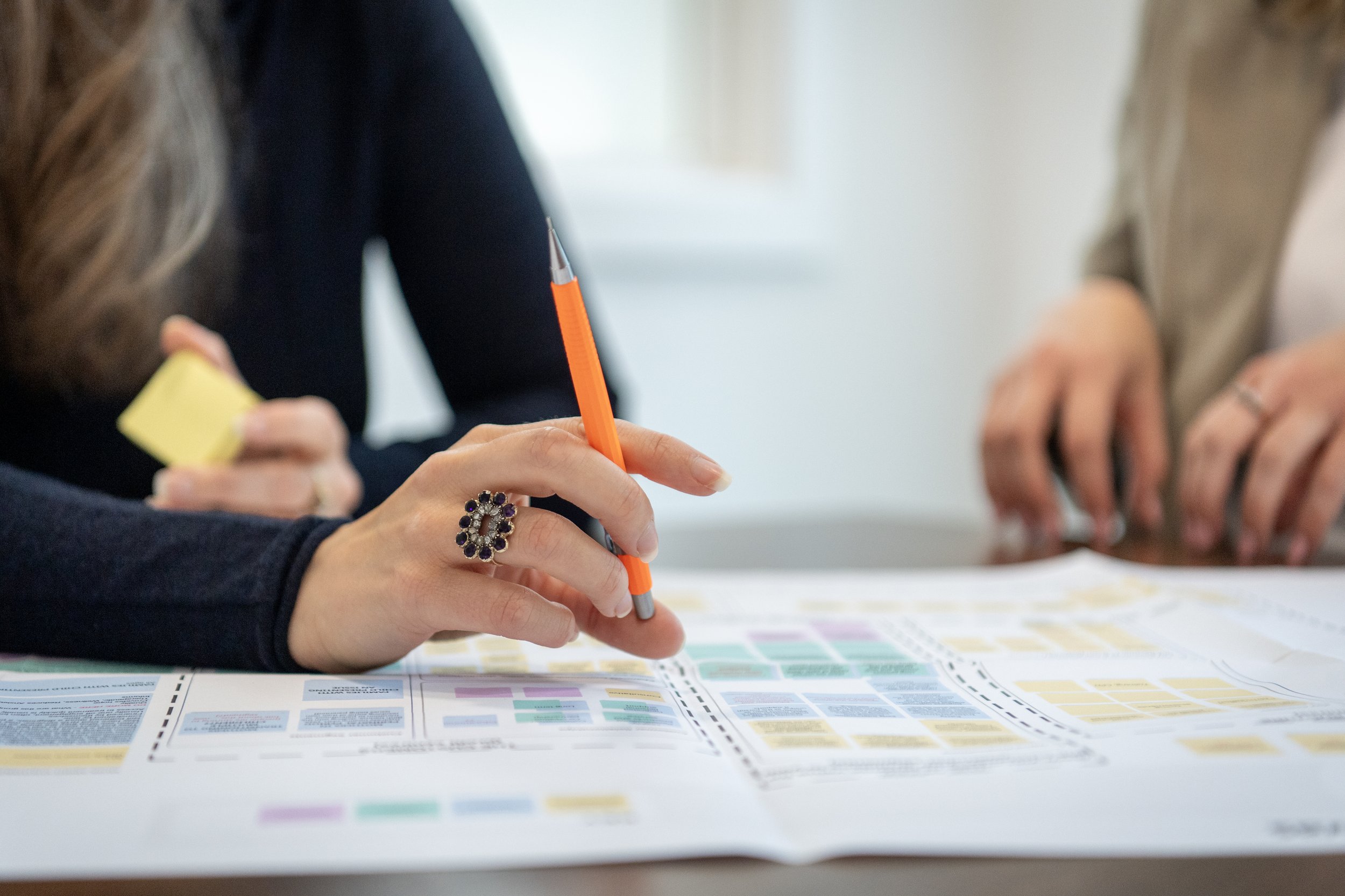 Two analysts marking up a printed positioning framework by hand